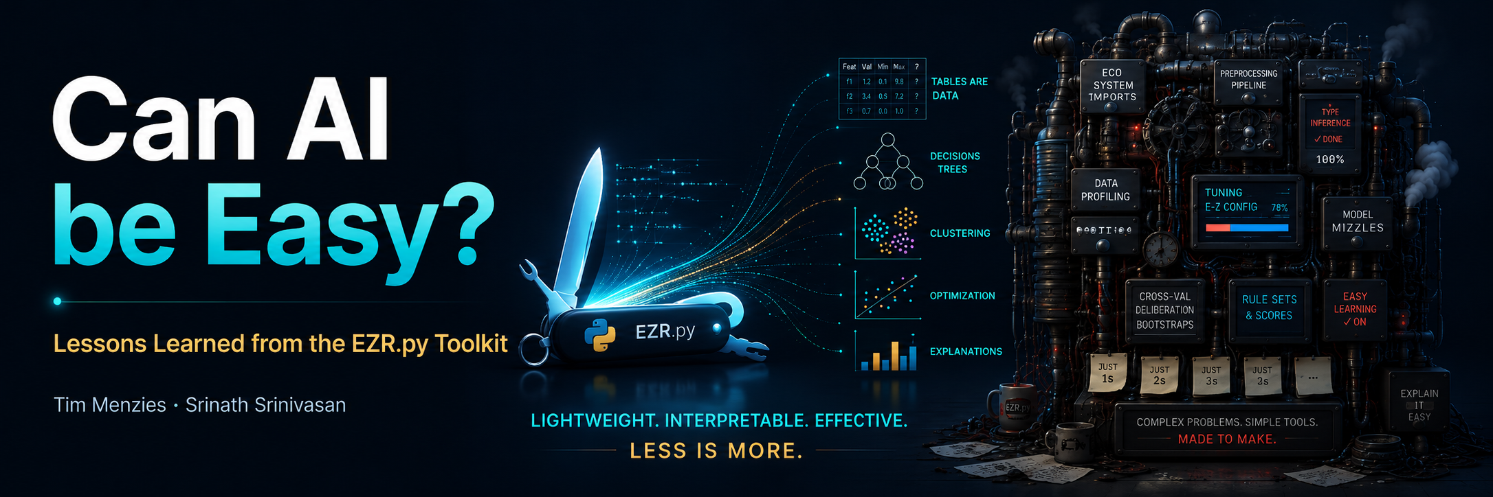 Can AI be Easy? Lessons learned from the EZR.py toolkit. Tim Menzies and Srinath Srinivasan. Lightweight. Interpretable. Effective. Less is more.